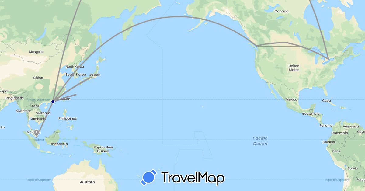TravelMap itinerary: driving, plane in Canada, Hong Kong, Japan, Singapore (Asia, North America)