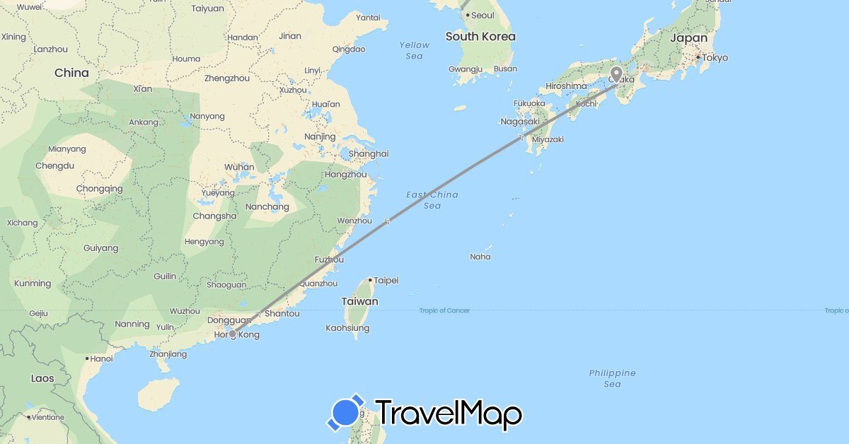TravelMap itinerary: driving, plane in Hong Kong, Japan (Asia)